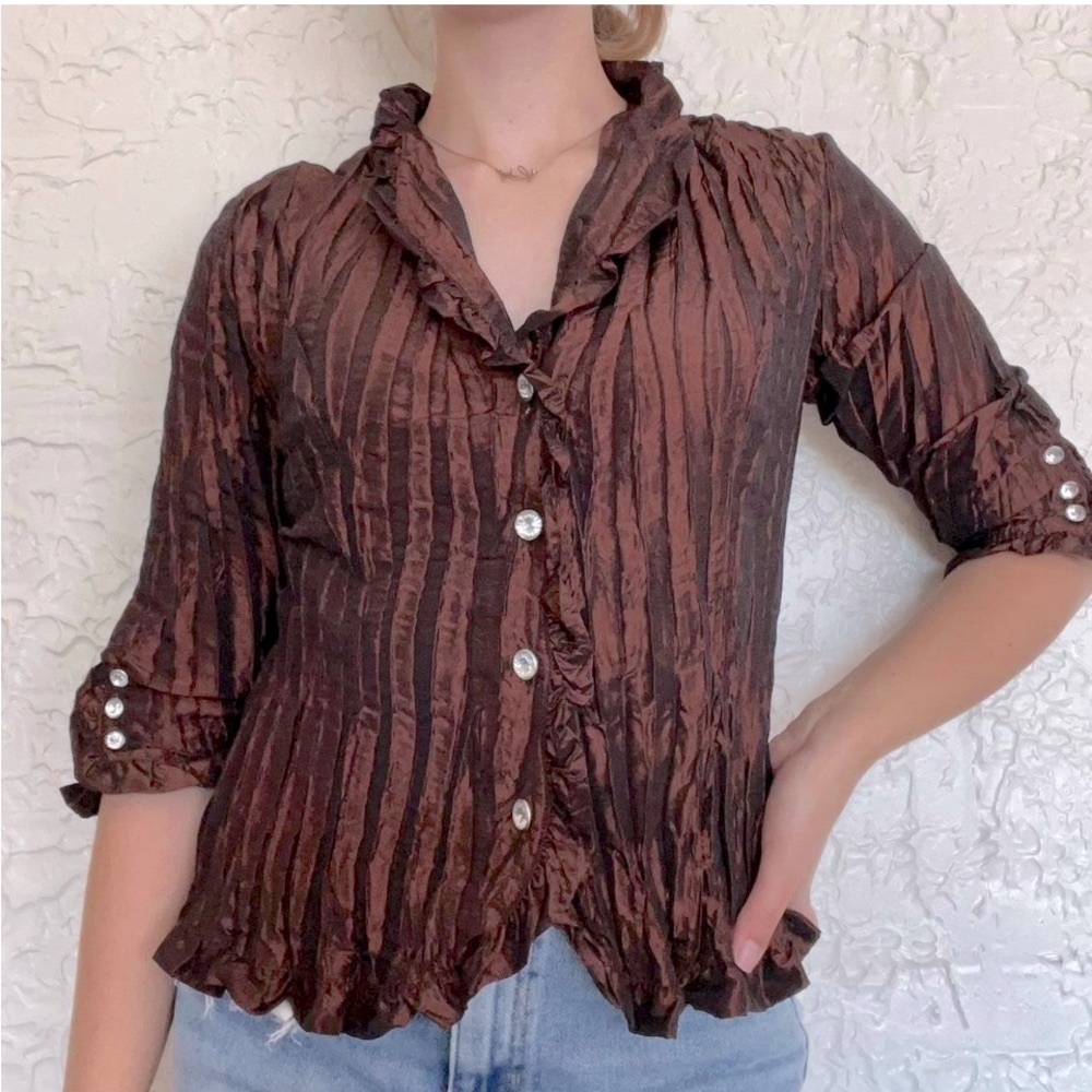 23RD ST Brown Accordion Rhinestone Button Blouse L NWOT